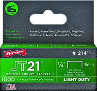 Arrow JT21 Series 214 Flat Crown Staple, 1/4 in L Leg, 0.03ga ga, Pack