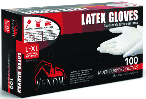 VENOM STEEL VEN4125 Non-Sterile Disposable Gloves, L/XL, 9 in L, Latex,