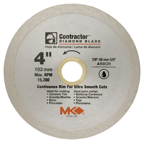 MK 167027 Circular Saw Blade, 4 in Dia, Diamond Cutting Edge, 7/8-20 to 5/8