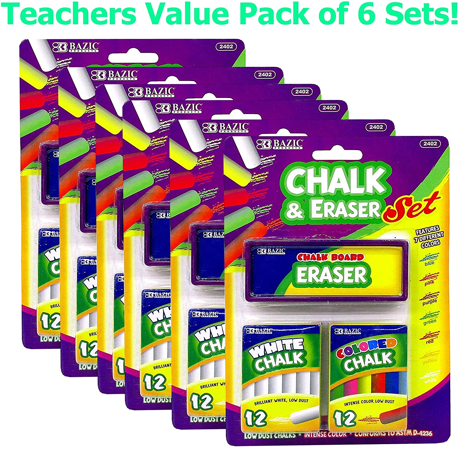 BAZIC 12 ASST CHALK W/ERASER SET