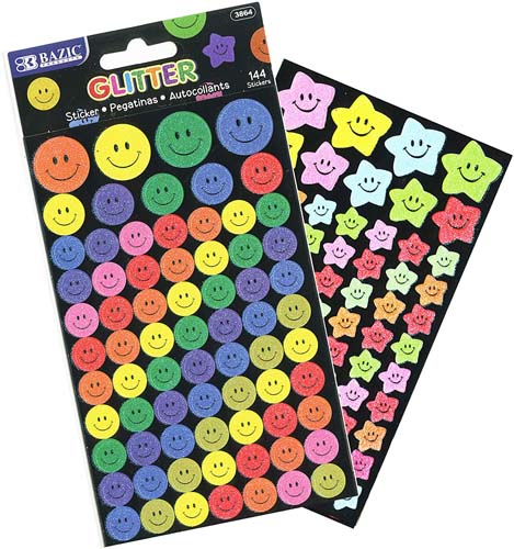 BAZIC Glitter Reward Sticker 144 Counts, Smile Face Kids Class Motivation