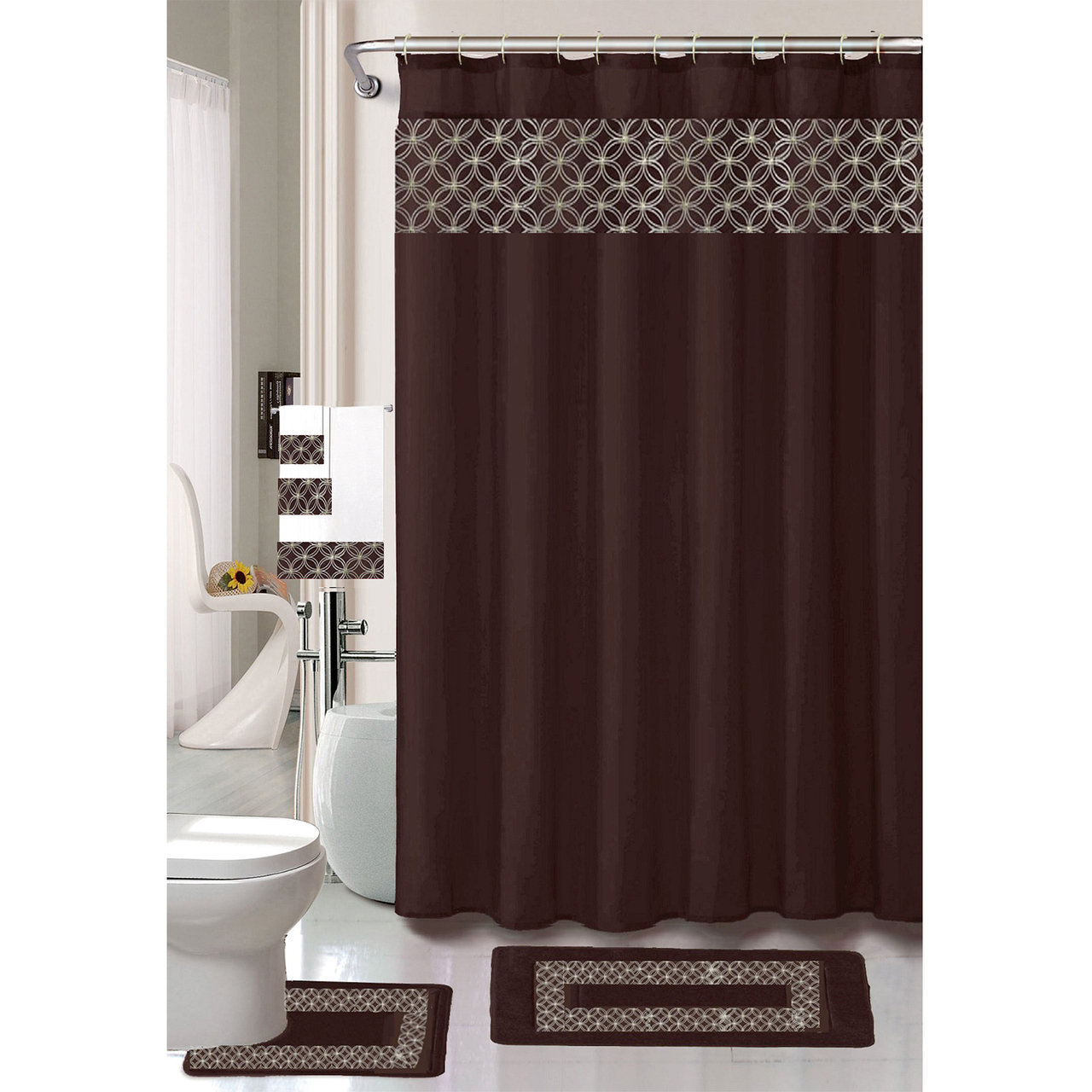 Virginia Geometric Embroidery 18 Pc Bathroom Accessories Set, Contour Rug,