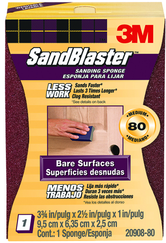 3M SandBlaster 20908-80 Sanding Sponge, 80-Grit, Aluminum Oxide, Foam