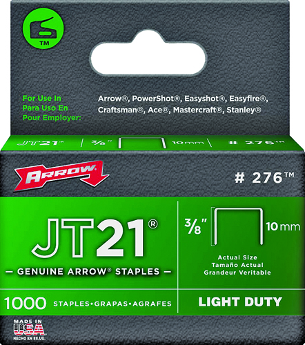 Arrow JT21 Series 276 Flat Crown Staple, 3/8 in L Leg, Pack