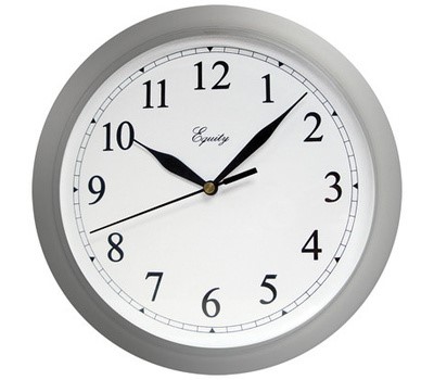 10 inch silver wall clock. easy to read from a distance. clean style