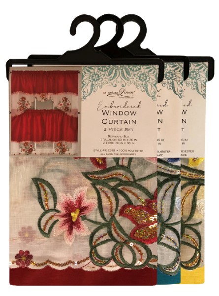 Embroidered Kitchen Window Curtain 3PC Set