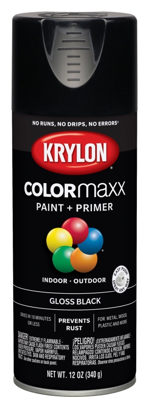 Krylon COLORmaxx K05505007 Spray Paint, Gloss, Black, 12 oz, Aerosol Can