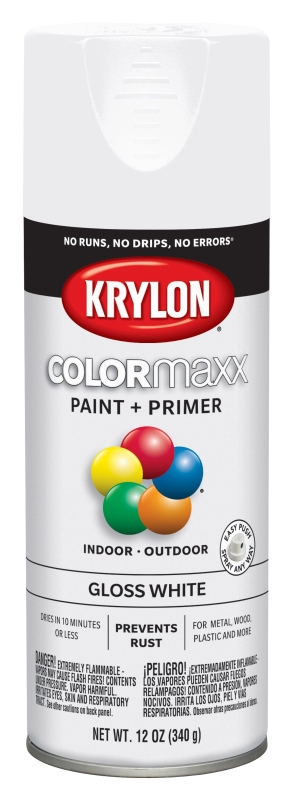 Krylon COLORmaxx K05545007 Spray Paint, Gloss, White, 12 oz, Aerosol Can