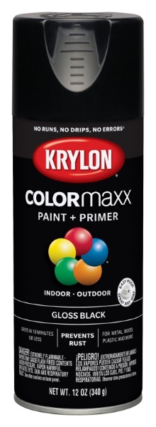 Krylon COLORmaxx K05505007 Spray Paint, Gloss, Black, 12 oz, Aerosol Can