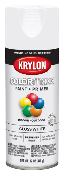 Krylon COLORmaxx K05545007 Spray Paint, Gloss, White, 12 oz, Aerosol Can