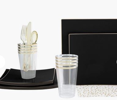 Laurey Ashley Party Plate Set | Black & Gold | 56 piece