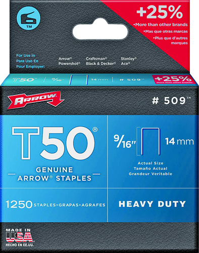 Arrow T50 Series 50924 Flat Crown Staple, 9/16 in L Leg