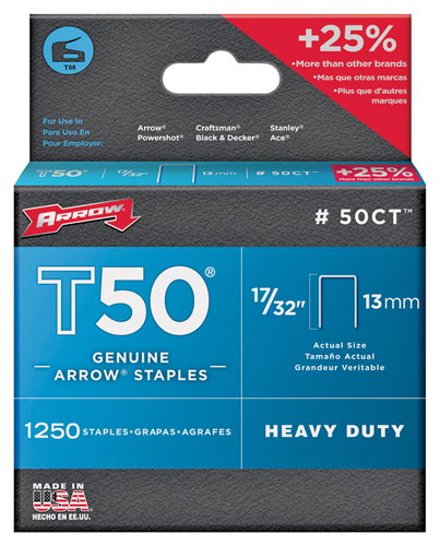 Arrow T50 Series 50CT24 Flat Crown Staple, 17/32 in L Leg