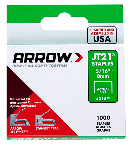 Arrow JT21 Series 215 Flat Crown Staple, 5/16 in L Leg, 0.03ga ga, Pack