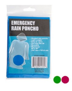 EMERGENCY RAIN PONCHO WITH HOOD | 40IN X 50IN | ASSORTED COLOR