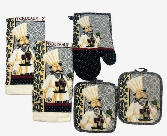 Kitchen Linens Towels Potholder Oven-Mitt |5 Pc Set |Wine Server Chef Design